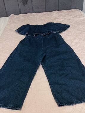 Strapless Wide Leg Dark Blue Denim Jumpsuit